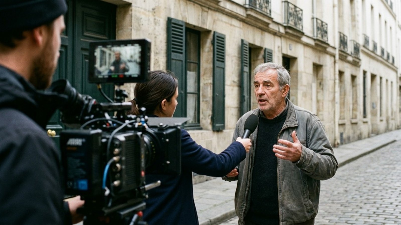 Journaliste interviewant un passant dans la rue avec un caméraman en arrière-plan