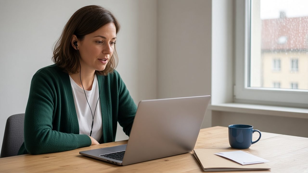 Frau mit Kopfhörern sitzt am Schreibtisch vor ihrem Laptop und übt gesprochene deutsche Dialoge